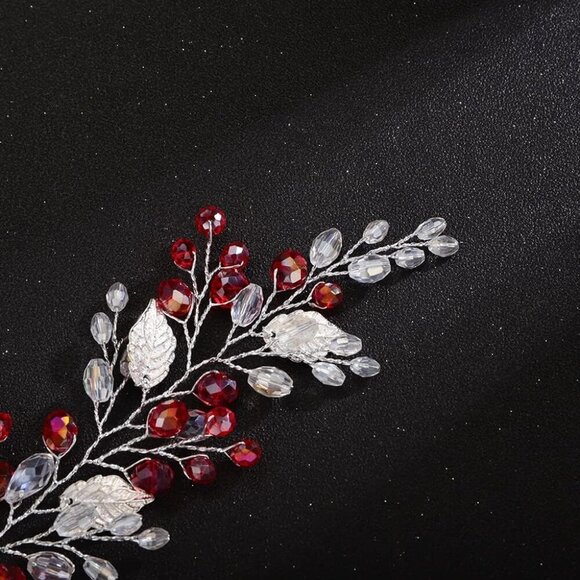 Red Silver Headpiece for Hair Styling Jewelry Women Girls Handmade Leaves Hair P - Picture 3 of 4